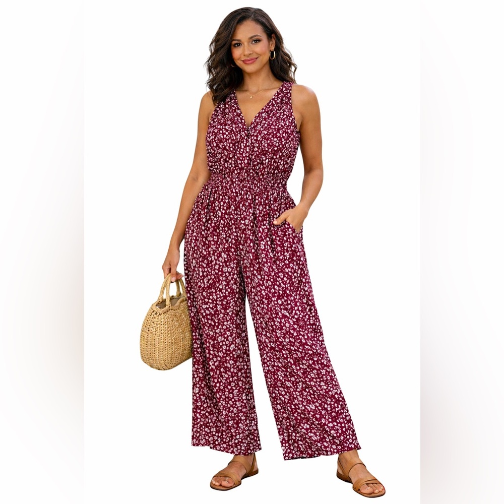 GAP Burgundy Floral V-Neck Sleeveless Jumpsuit